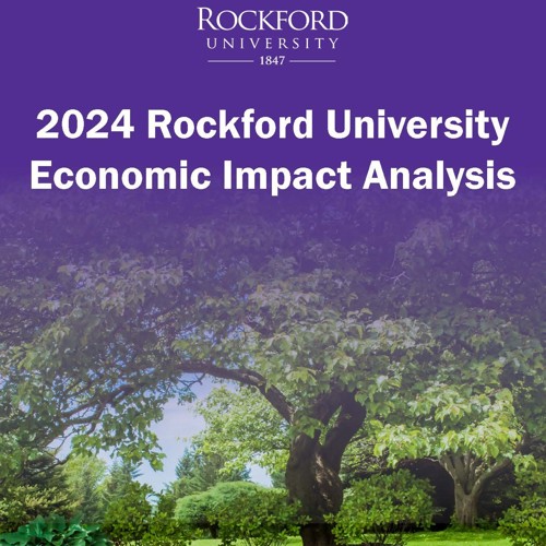 Purple background at top fading to spring tree landscape. Rockford University logo above title reading 2024 Rockford University Economic Impact Analysis