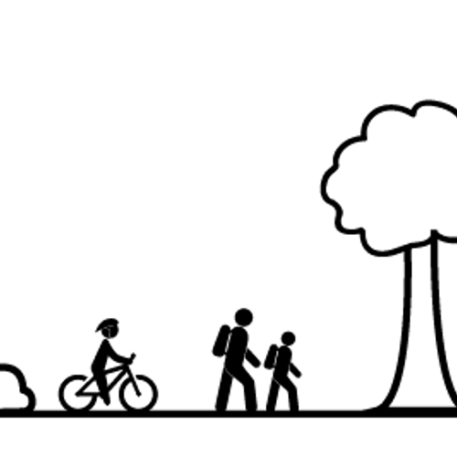 Outline drawing of horizontal images containing a house with solar panel on roof, trees, person riding bike, adult and child walking, and a bridge.