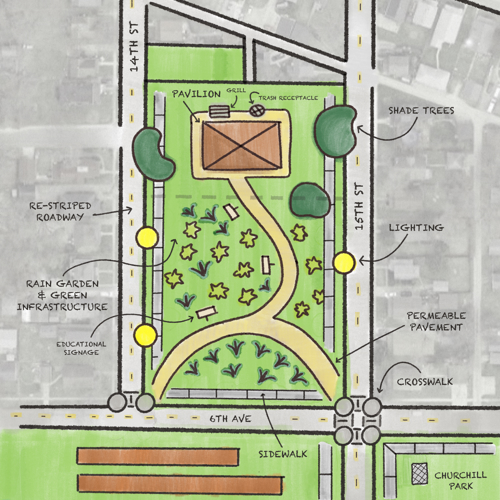 handdrawn map of park within a city, viewed from above