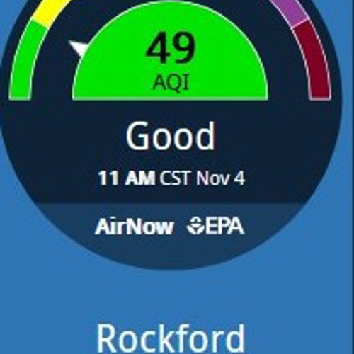 air quality index showing a dial-style indicator with current quality pointing between the green and yellow indicators and a value of 49.