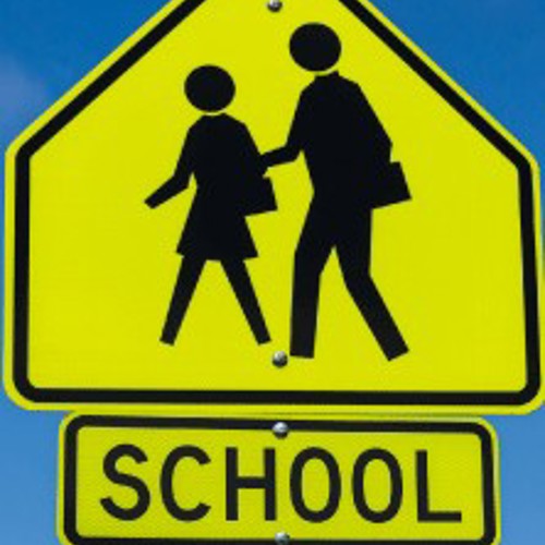yellow pentagon shaped sign with two figures walking and text below that reads School
