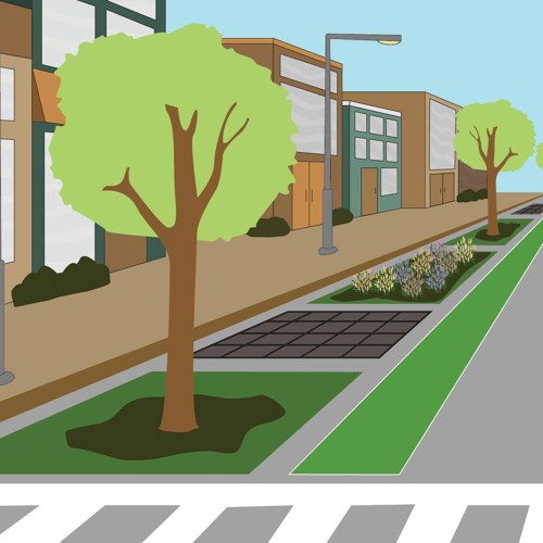 Illustration of street with crosswalk, tree in foreground, and buildings and vegetation continuing into the background