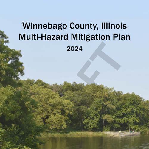 A lake with trees lining the lake edge with a fishing dock and a blue sky at Rock Cut State Park. Text says Winnebago County, Illinois Multi-Hazard Mitigation Plan 2024