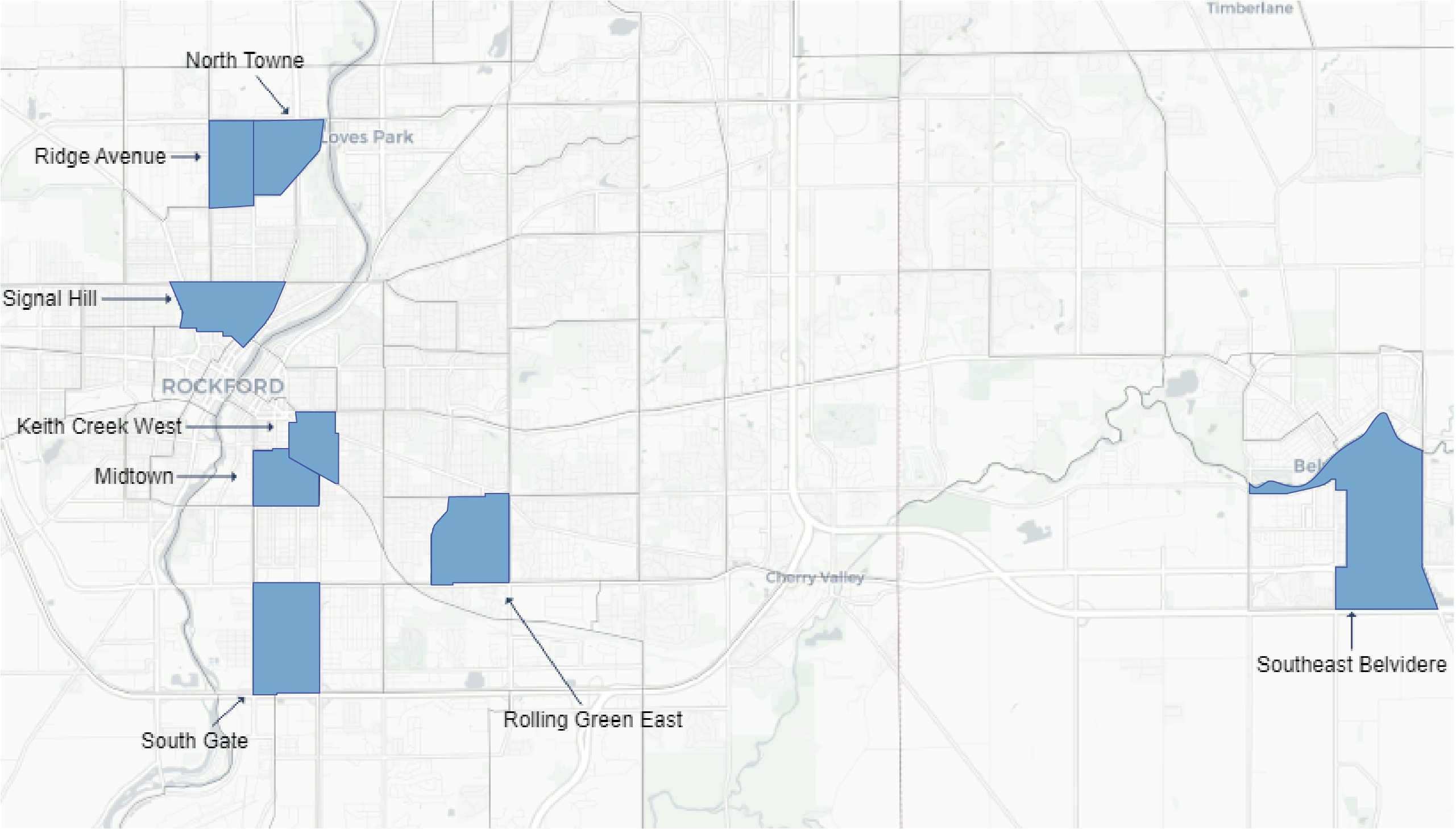 map of eligible middle neighborhoods: North Towne, Ridge Avenue, Signal Hill, Keith Creek West, Midtown, South Gate, Rolling Green East, and Southeast Belvidere. All are near the Rock River and downtown Rockford, except for Southeast Belvidere in Boone County.
