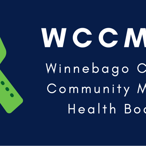 green ribbon and white text that says WCCMHB Winnebago County Community Mental Health Board on dark blue background