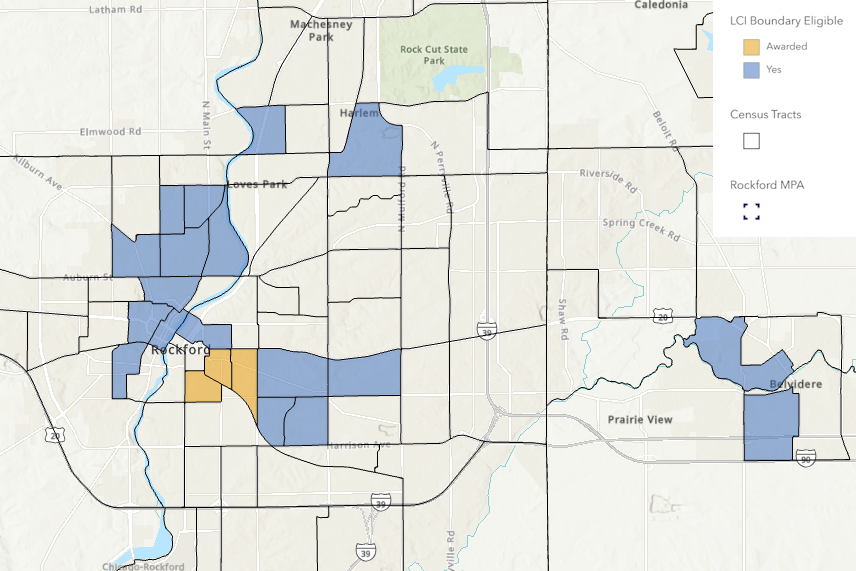 map of eligible middle neighborhoods: Rolling Green East, North Towne, Rolling Green West, North End Square, North Park West, Ridge Avenue, Southwest Belvidere, Downtown, Signal Hill, Prairie Hills, Northwest Belvidere, Harlem Hills, Twin Sisters, New Towne, Edgewater, Ellis Heights East, Ethnic Village, Northwest